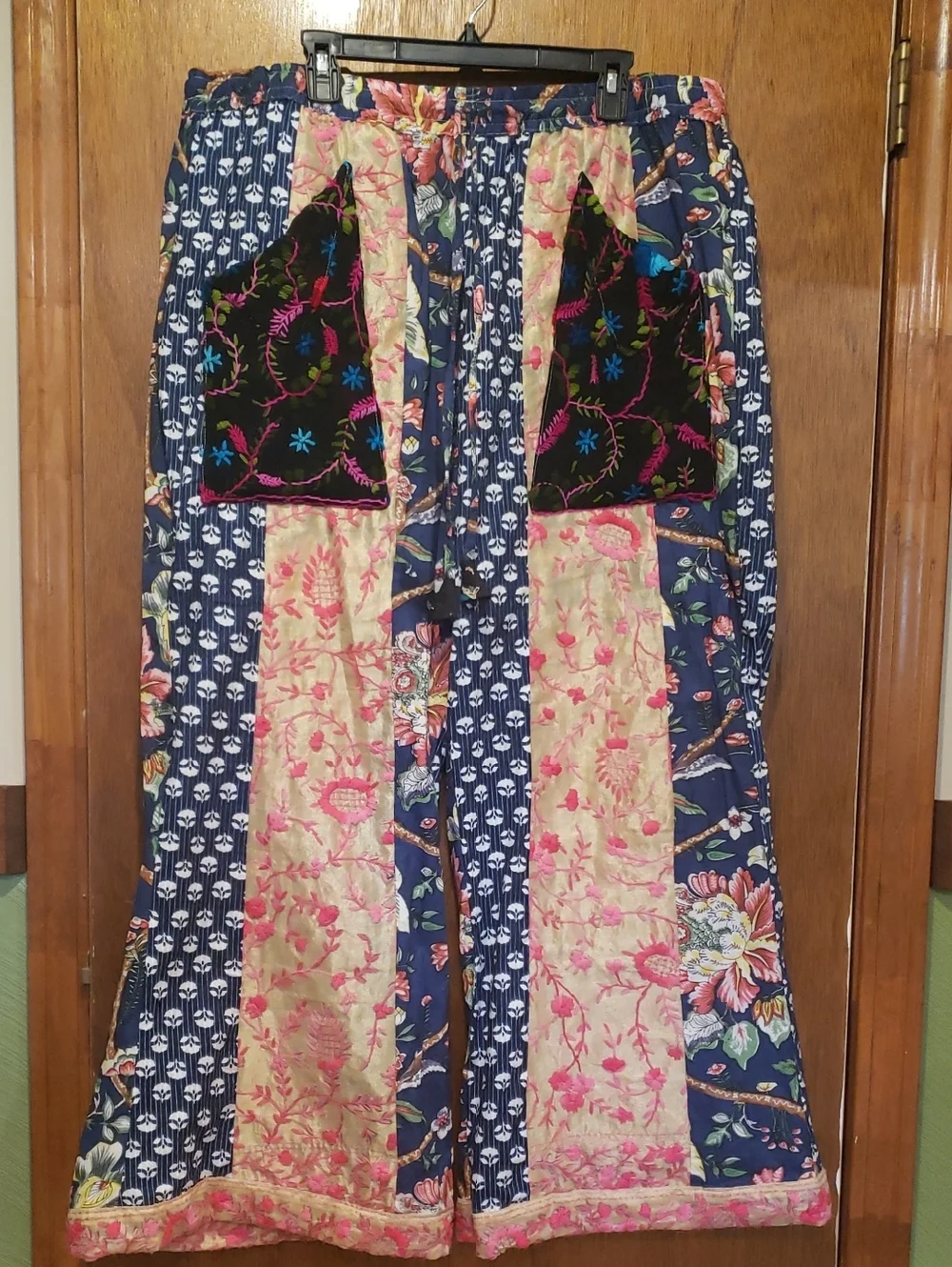 Phulkari & Cotton Print Multi-Panel Wide Leg Pants in Navy, Pink & Cream.